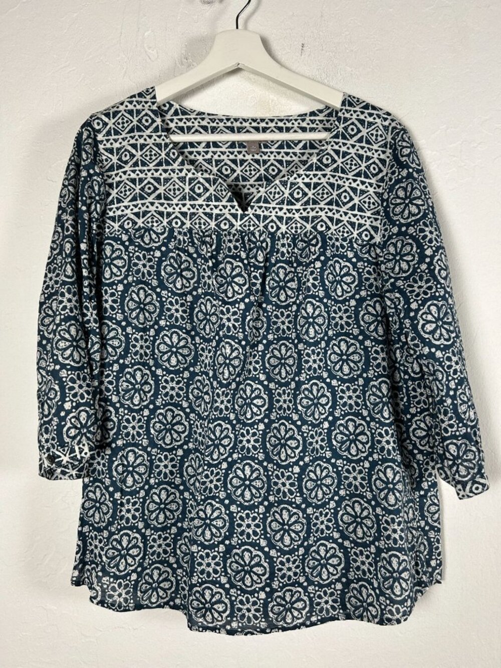 J. Jill Womens Small Petite Blue Floral Mixed Print Cotton 3/4 Sleeve Top Blouse